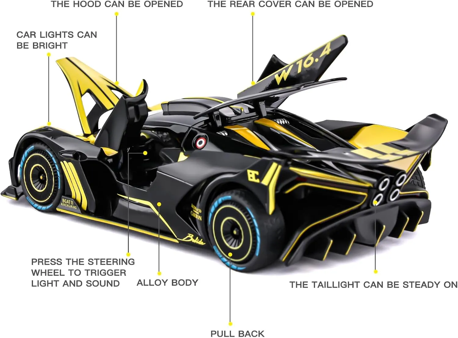 Toy Car Model for Compatible with 1:24 Bolide Alloy Diecast Collect Car Toy with Lights and Music, Pull Back Car Toys for Kids Boys Girls Gift (Yellow)
