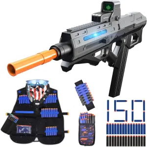 Toy Gun Automatic Sniper Rifle with Tactical Vest Kit Futuristic Electric High Speed Toy Foam Blaster Gun with 150 Darts Shooting Games Toys Birthday for Boys Adults Age 8 