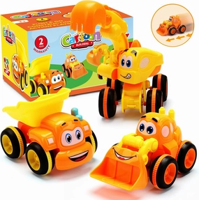 Toys for 2-Year-Olds – 3 Friction Powered Trucks, Push & Go Cartoon Construction Vehicles – Pull Back Car Playset & Toy Trucks for Toddlers