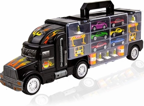 Toysery Transport Car Carrier Truck Toy. 20 inch Truck Toy with 6 Stylish Racing Cars, 28 Storage Slots and Roadside Accessories