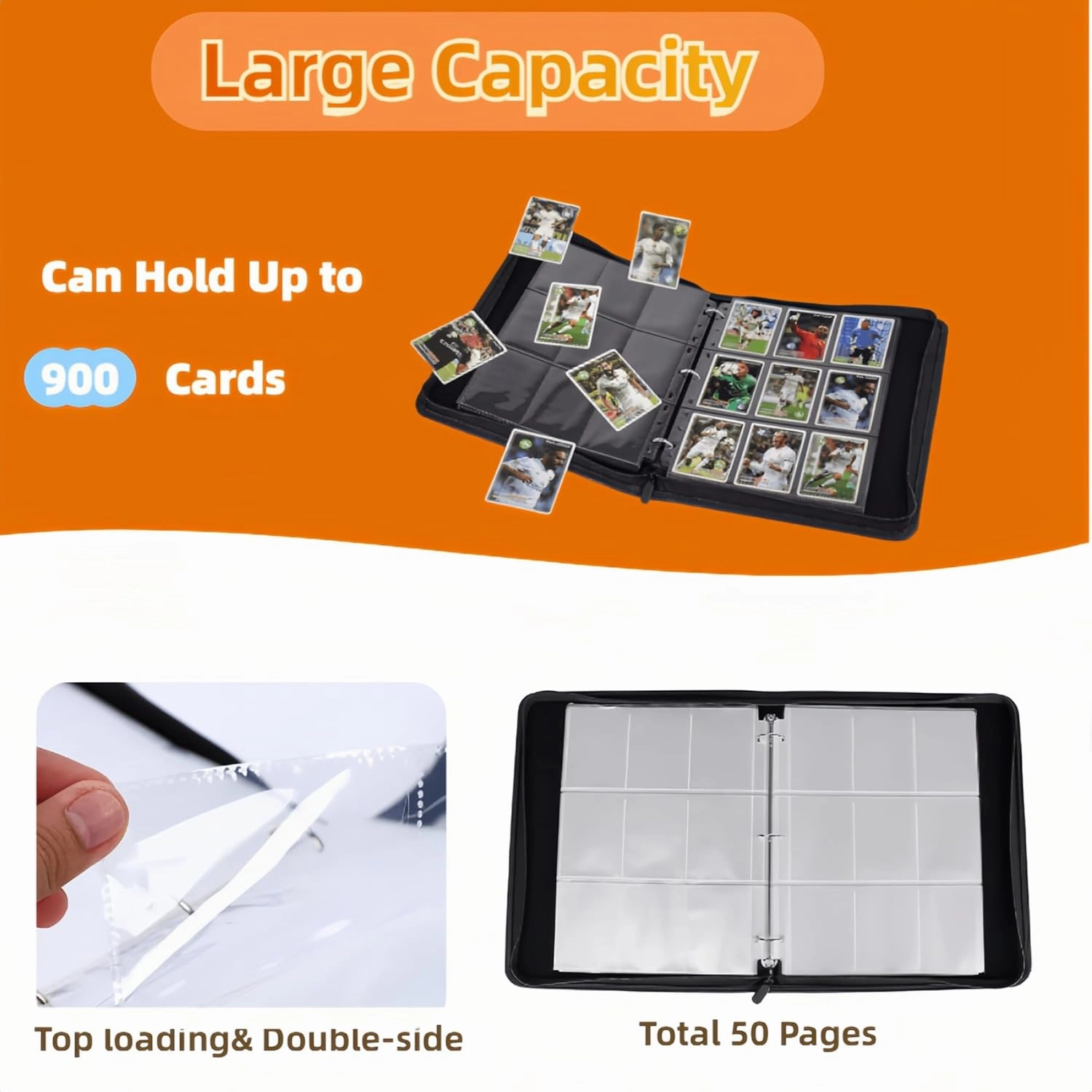 Trading Card Binder 9 Pocket, Large Binders for Cards, PU Sports MTG TCG Collectible Trading Card Albums With Zipper 900 pockets