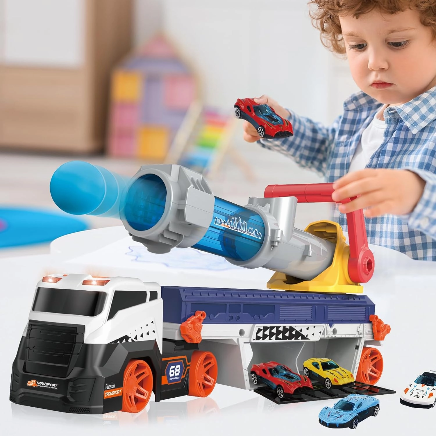 Transport Truck Toys for Kid Boys 3-5, EVA Ball Launcher Car Toys for Kids, Garage Car Toys with Light & Sound, Shooting Toy Sets, Birthday Gifts for Kid Boys Age 3 4 5 6