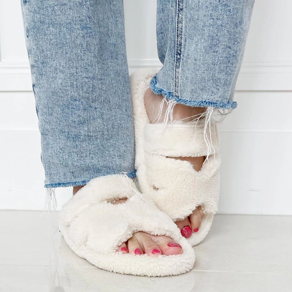 TRENDSUP Open Toe Slippers for Women, Adjustable, Memory Foam, Fuzzy Fur Lining, Non Slip Sole