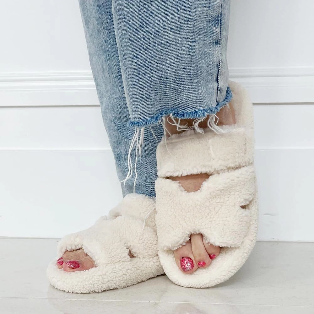 TRENDSUP Open Toe Slippers for Women, Adjustable, Memory Foam, Fuzzy Fur Lining, Non Slip Sole