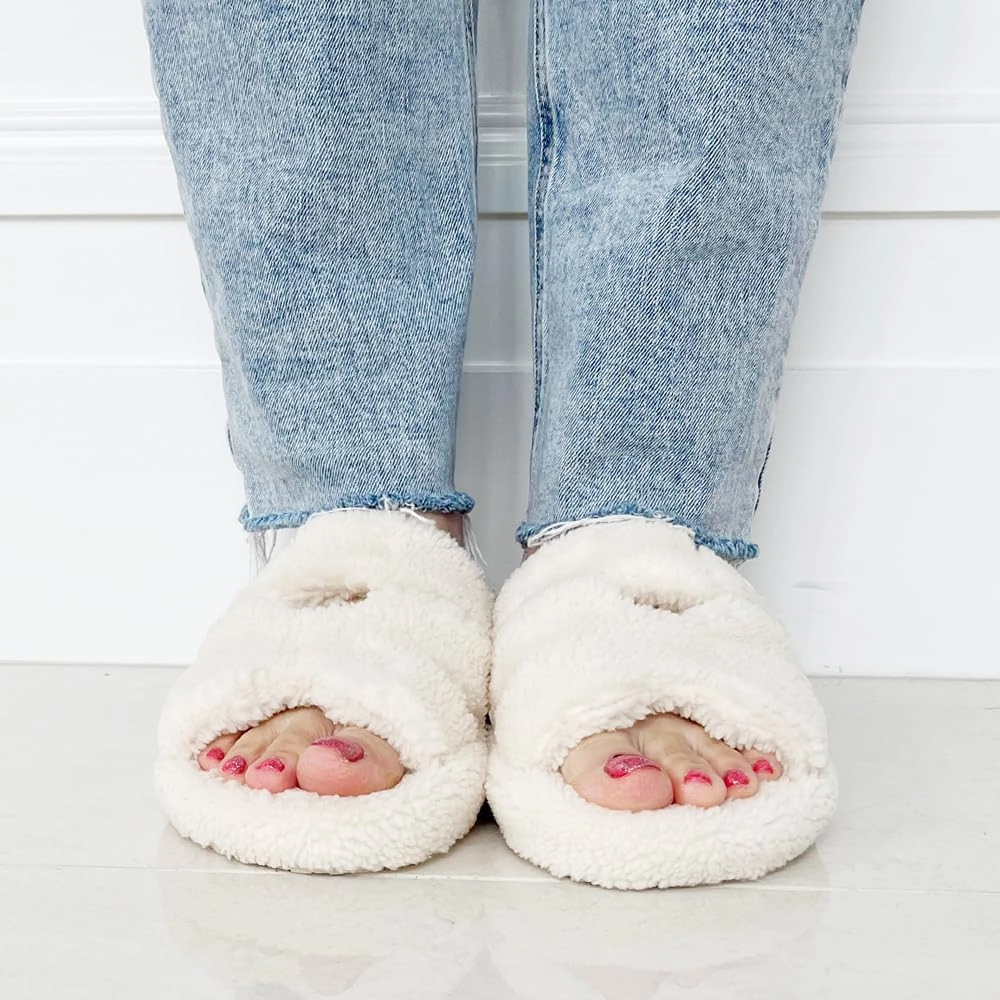 TRENDSUP Open Toe Slippers for Women, Adjustable, Memory Foam, Fuzzy Fur Lining, Non Slip Sole