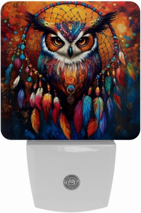 Tribal Owl Dream Catcher Galaxy Plug in LED Night Light Auto Sensor Dusk to Dawn Decorative Night for Bedroom, Bathroom, Kitchen, Hallway, Stairs, Hallway, Baby's Room, Energy Saving