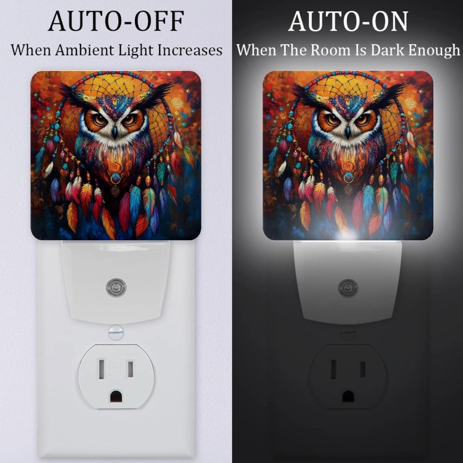 Tribal Owl Dream Catcher Galaxy Plug in LED Night Light Auto Sensor Dusk to Dawn Decorative Night for Bedroom, Bathroom, Kitchen, Hallway, Stairs, Hallway, Baby's Room, Energy Saving