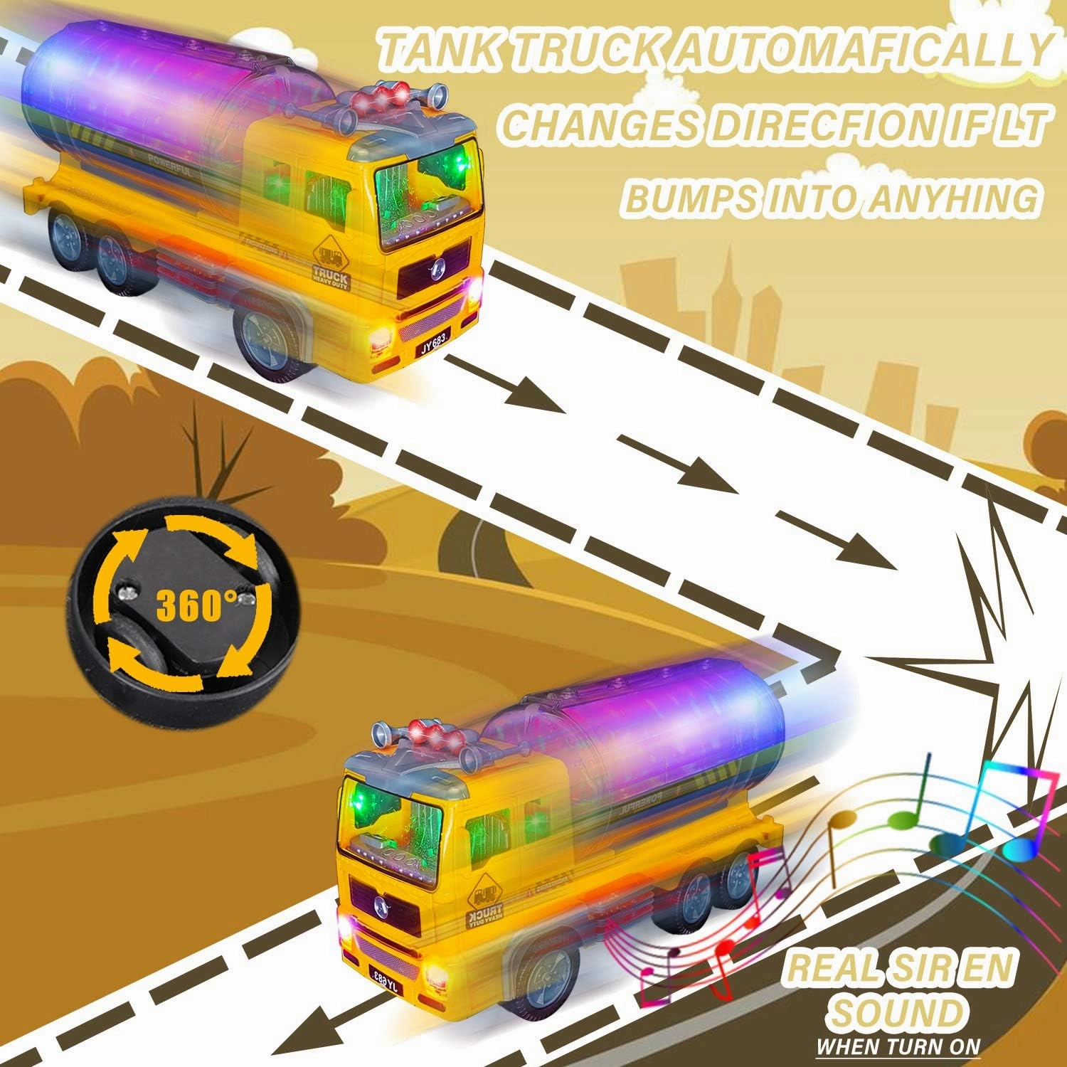Truck Toys for 3-10 Year Old Boys, Electric Oil Tanker Toy Truck - with Bright Flashing 4D Lights & Real Sounds, Cool Birthday Gifts for Boys Age 3-12 Year Old Kids Toys (Yellow)