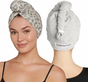 Turbie Twist 2-Pack Microfiber Hair Towel for Beauty, Travel, Gifting - Hair Wrap Turban for Straight, Wavy & Curly Hair - Premium Hair Care - Snow Leopard & Grey