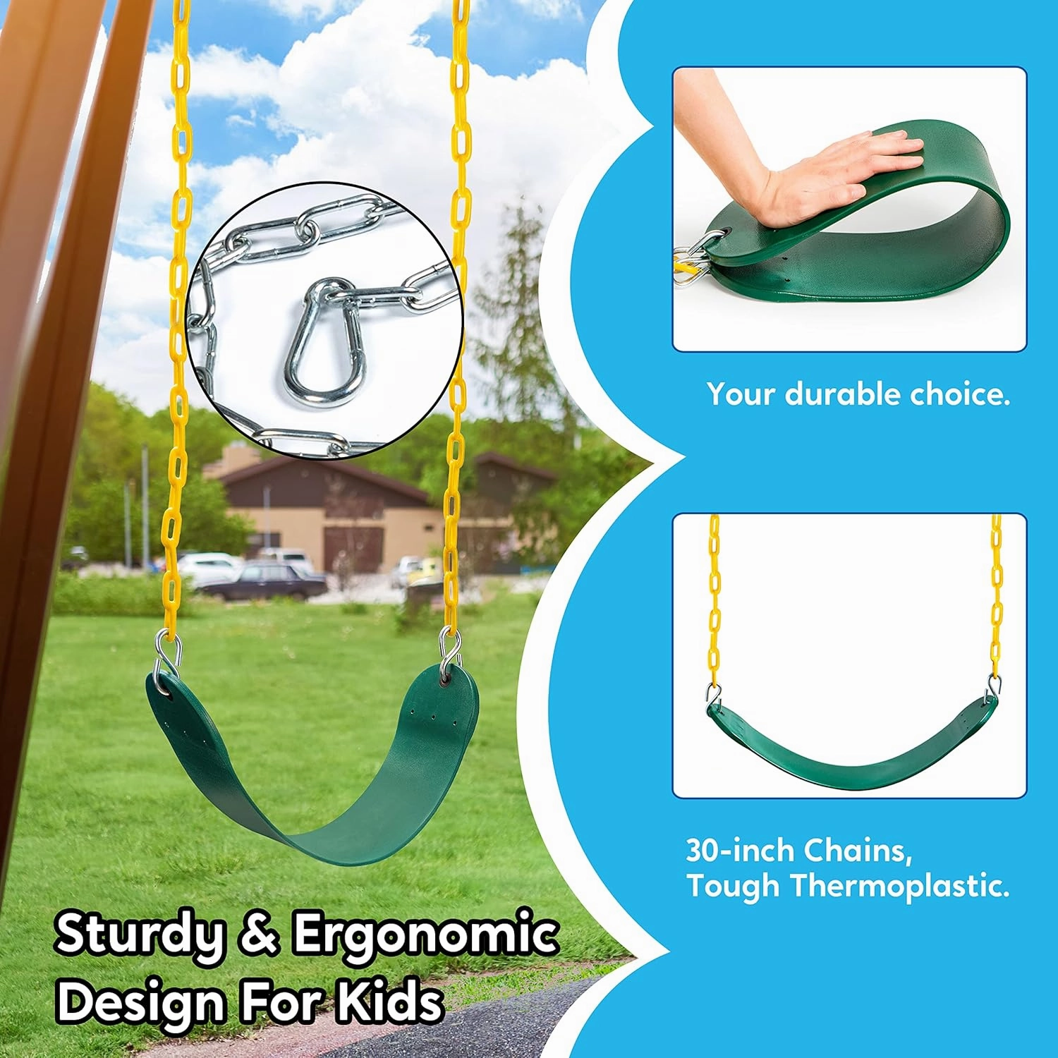 TURFEE Heavy Duty Swing Seat Green Color with 66” Chain, Swing Set Accessories Replacement with Snap Hooks for Kids Outdoor Play Playground