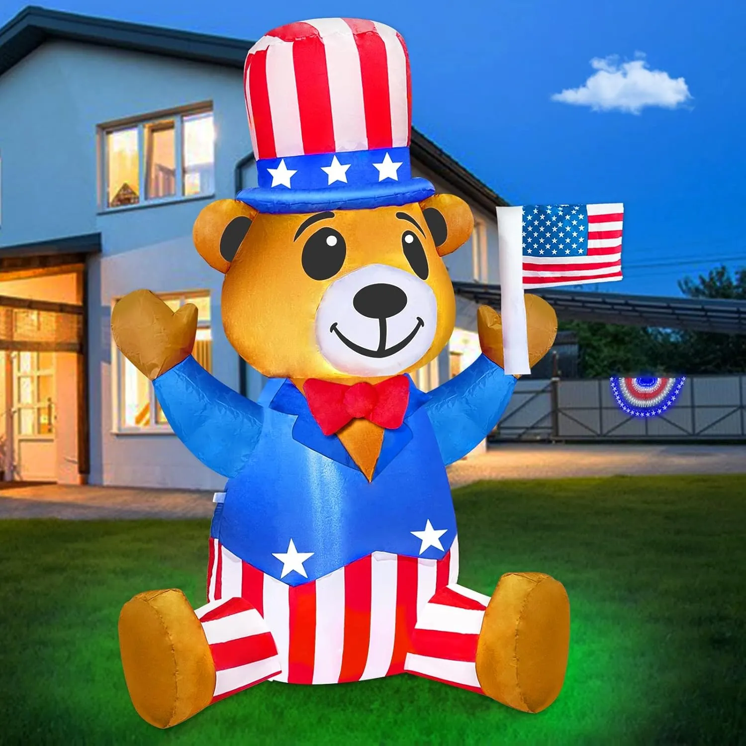 TURNMEON Patriotic Inflatable 4th of July Decorations Outdoor 4 Ft Uncle Sam Blow Up Bear Wear Hat Build-in LED Lights Yard Lawn Garden Fourth of July Decor Independence Day Memorial Day