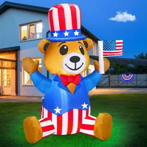 TURNMEON Patriotic Inflatable 4th of July Decorations Outdoor 4 Ft Uncle Sam Blow Up Bear Wear Hat Build-in LED Lights Yard Lawn Garden Fourth of July Decor Independence Day Memorial Day