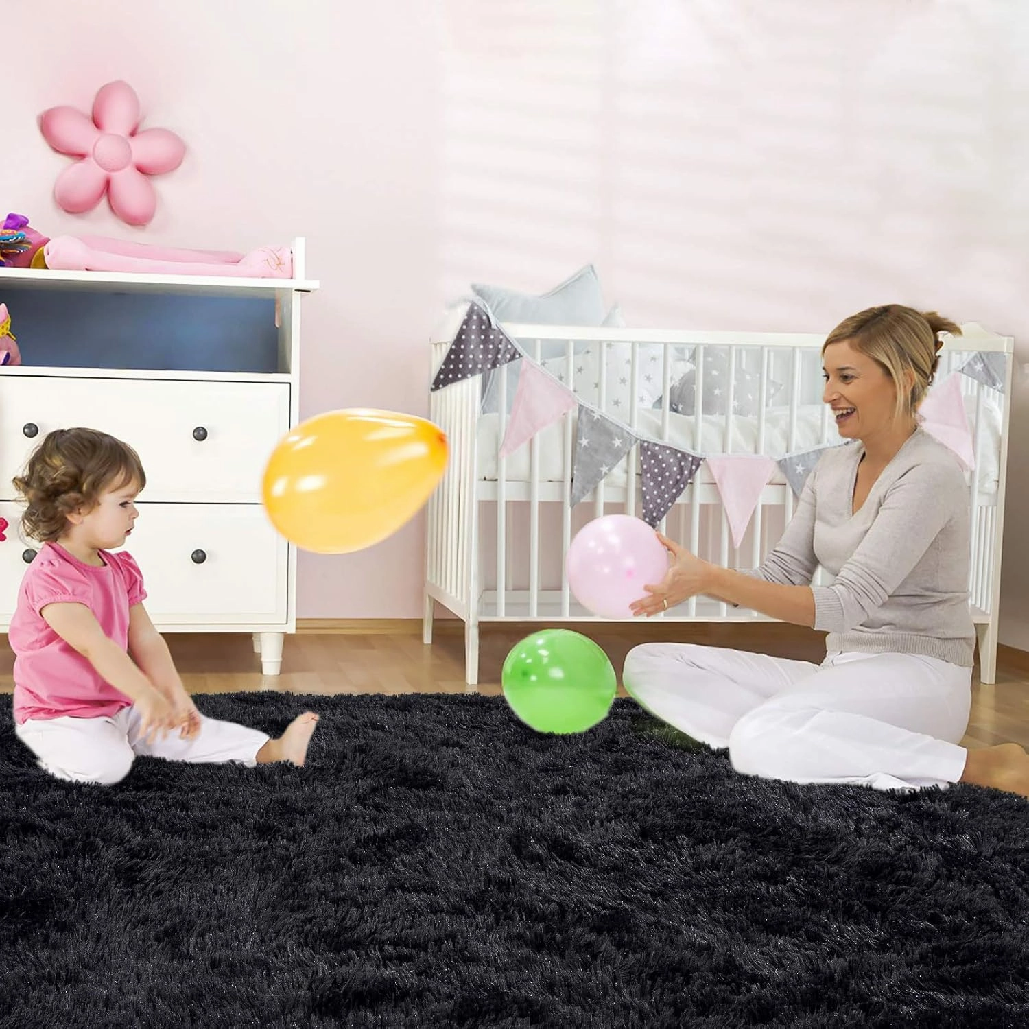 Ultra Soft Black Rugs for Bedroom 4x6 Feet, Fluffy Shag Area Rugs for Living Room, Large Comfy Furry Rug for Boys Kids Baby Room Decor, Non Slip Nursery Rug Modern Indoor Fuzzy Floor Carpet