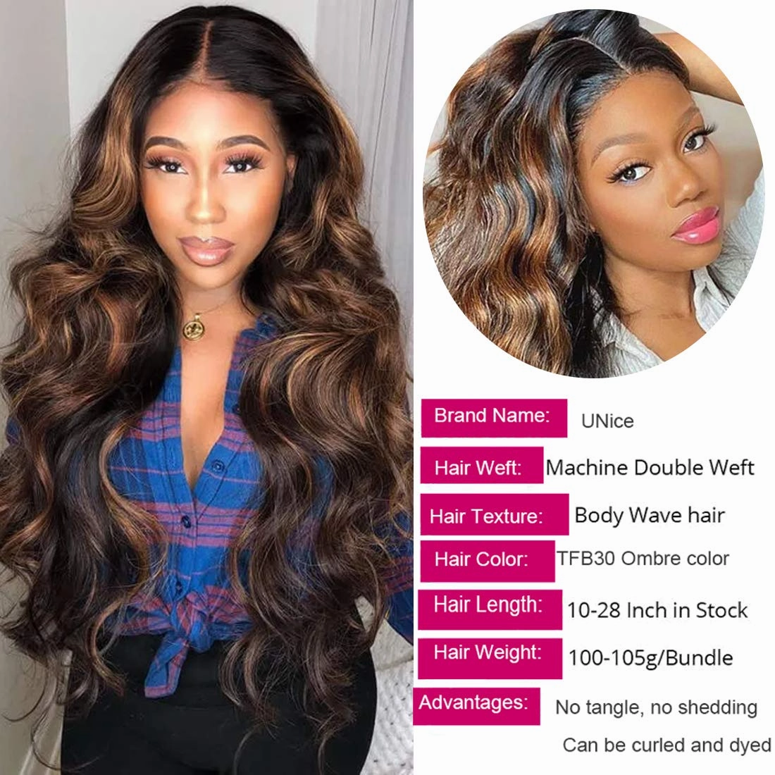UNice Ombre Brown Highlight Body Wave Human Hair Weave 1 bundle 20 inch, Brazilian Remy Hair Dark Root Blonde Human Hair Weaves Extension Piano Color TFB30