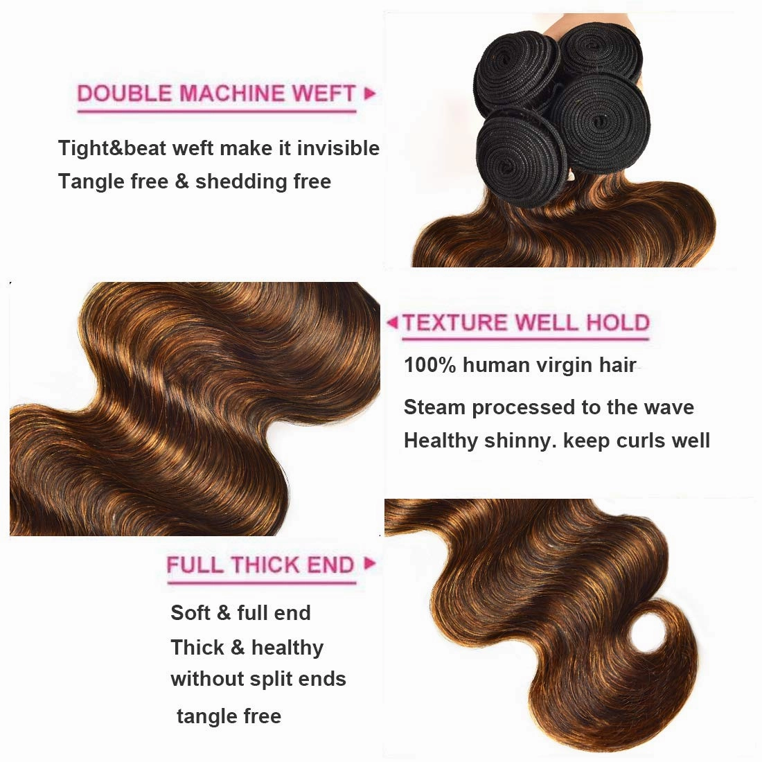 UNice Ombre Brown Highlight Body Wave Human Hair Weave 1 bundle 20 inch, Brazilian Remy Hair Dark Root Blonde Human Hair Weaves Extension Piano Color TFB30