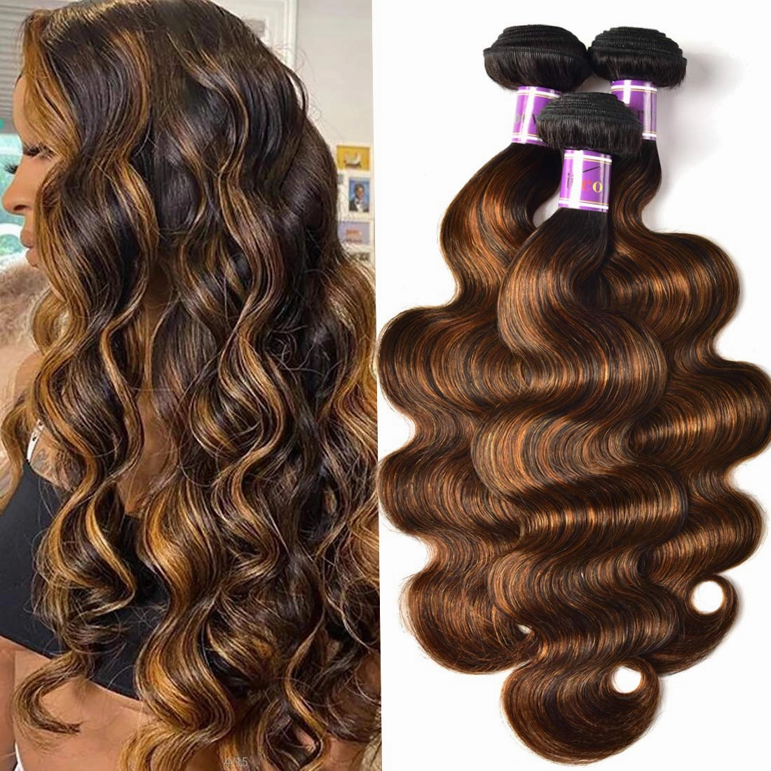 UNice Ombre Brown Highlight Body Wave Human Hair Weave 1 bundle 20 inch, Brazilian Remy Hair Dark Root Blonde Human Hair Weaves Extension Piano Color TFB30