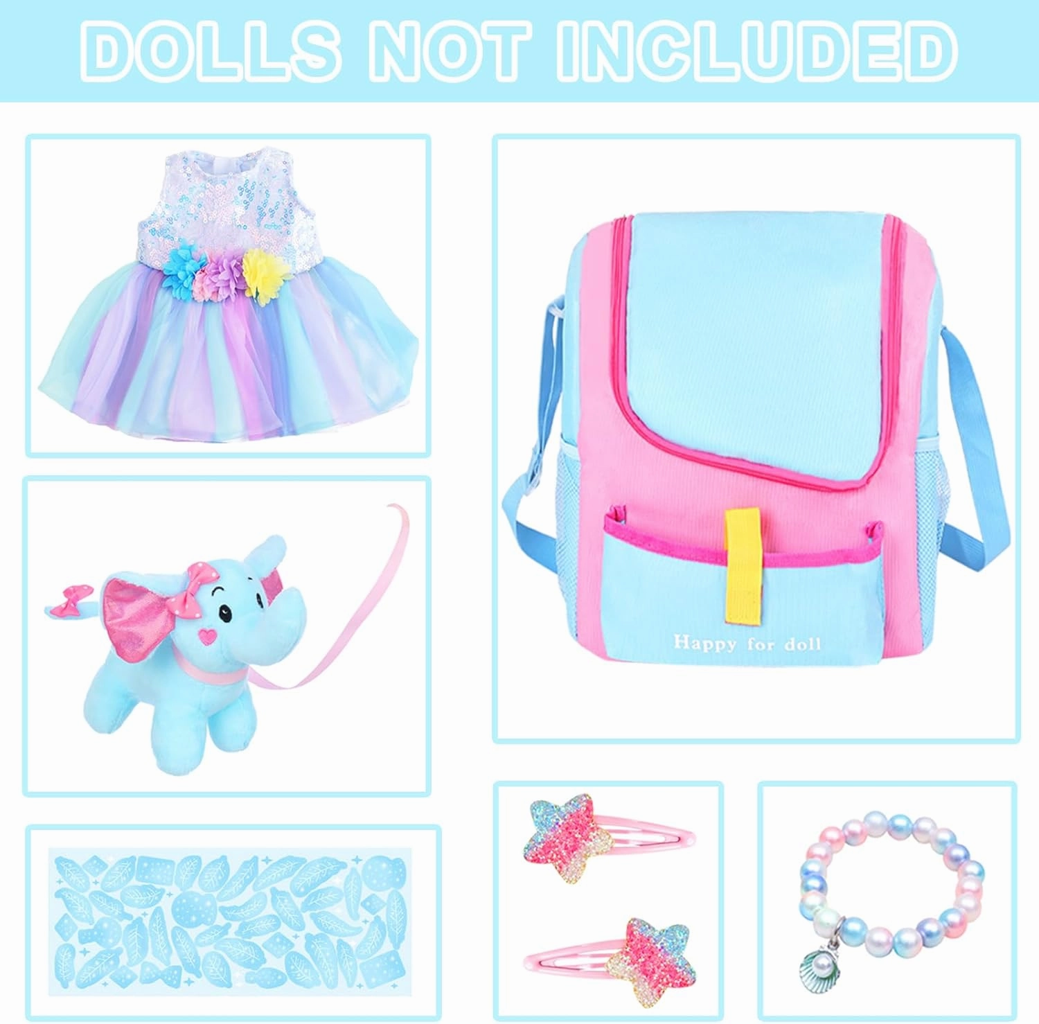 UNICORN ELEMENT 18 Inch Girl Doll Accessories with Doll Carrier Bag   Dress   2 Hairpins   Blue Sticker   Bracelet   Toy Elephant (18 Inch Doll Accessories and Clothing)