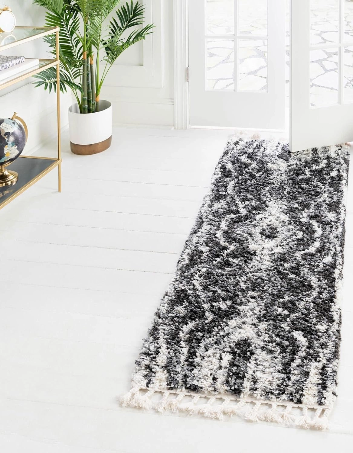 Unique Loom Hygge Shag Collection Area Rug - Valley (2' 7" x 8' 2" Runner, Black and White/ Gray)