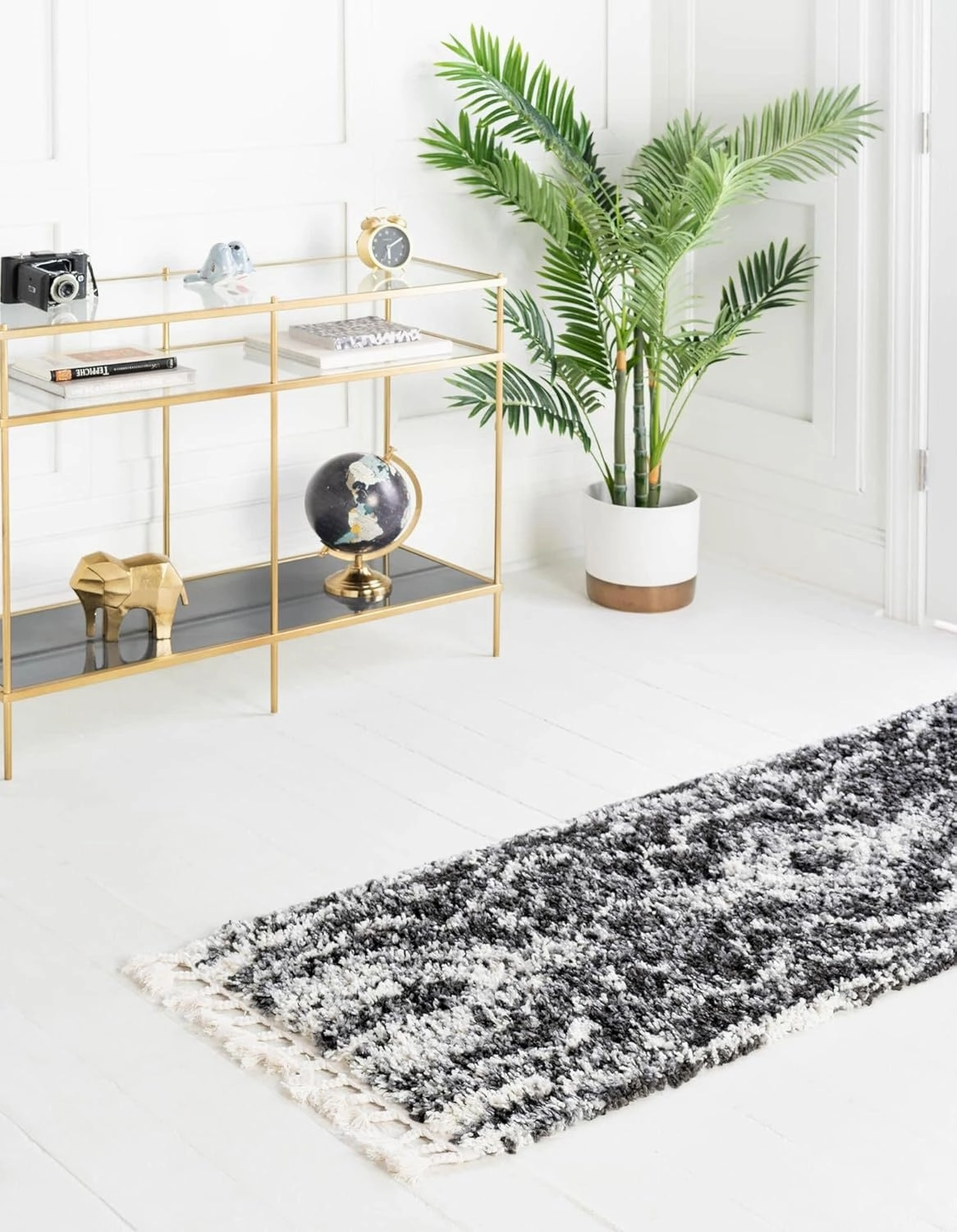 Unique Loom Hygge Shag Collection Area Rug - Valley (2' 7" x 8' 2" Runner, Black and White/ Gray)