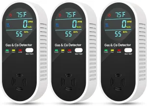 Upgraded Natural Gas Leak Detector & Carbon Monoxide Detectors - 4 in 1 Natural, Propane, Co & Gas Detector - Carbon Monoxide Detectors Plug in - Temperature & Humidity for Home, RV (3 Packs)