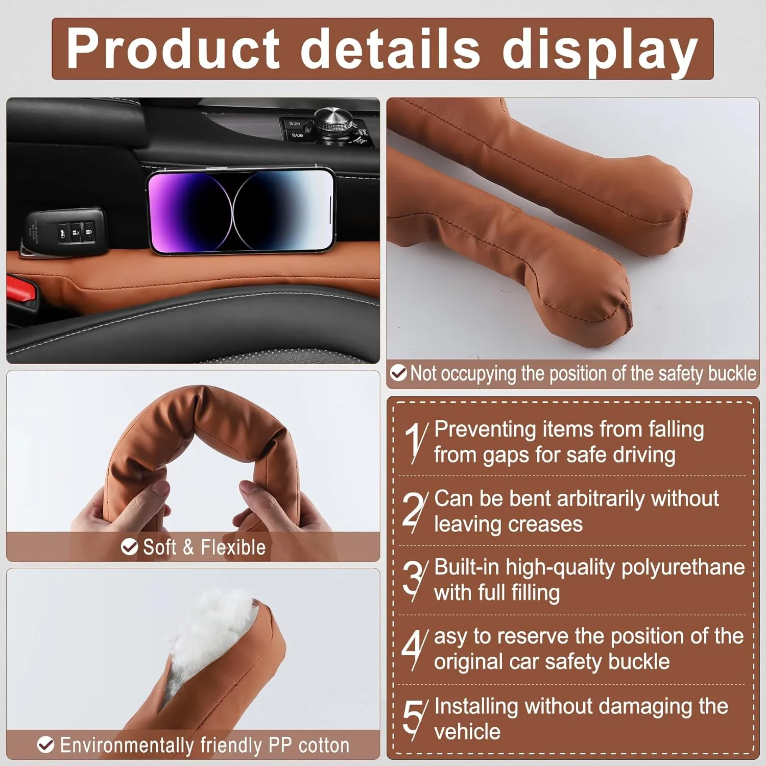 UREHEPO 2 pcs Leather Car Seat Gap Filler Organizer, Interior Car Accessories to Stop Things from Dropping for Car SUV Truck Camper, Fill The Gap Between Seat and Console - Brown