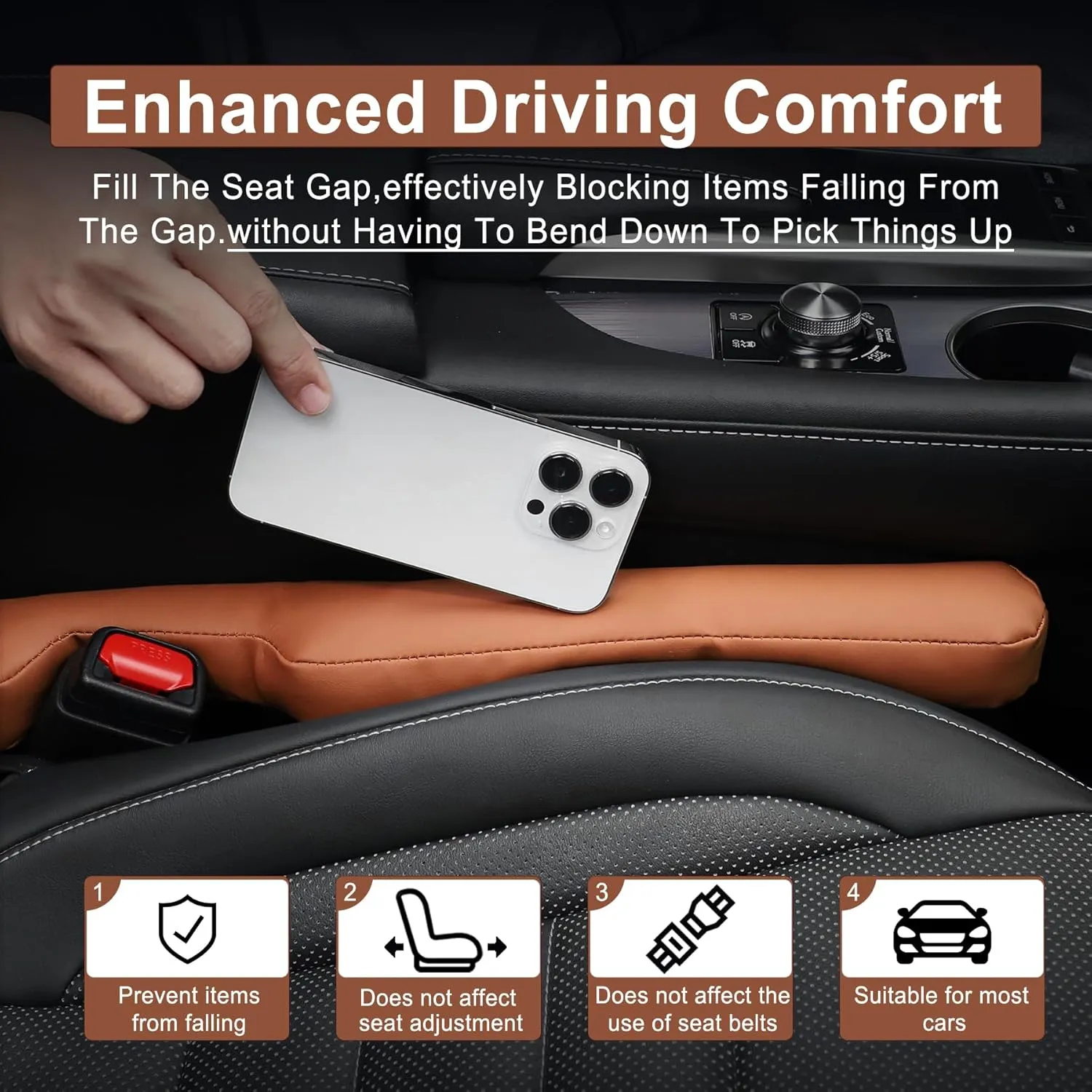 UREHEPO 2 pcs Leather Car Seat Gap Filler Organizer, Interior Car Accessories to Stop Things from Dropping for Car SUV Truck Camper, Fill The Gap Between Seat and Console - Brown