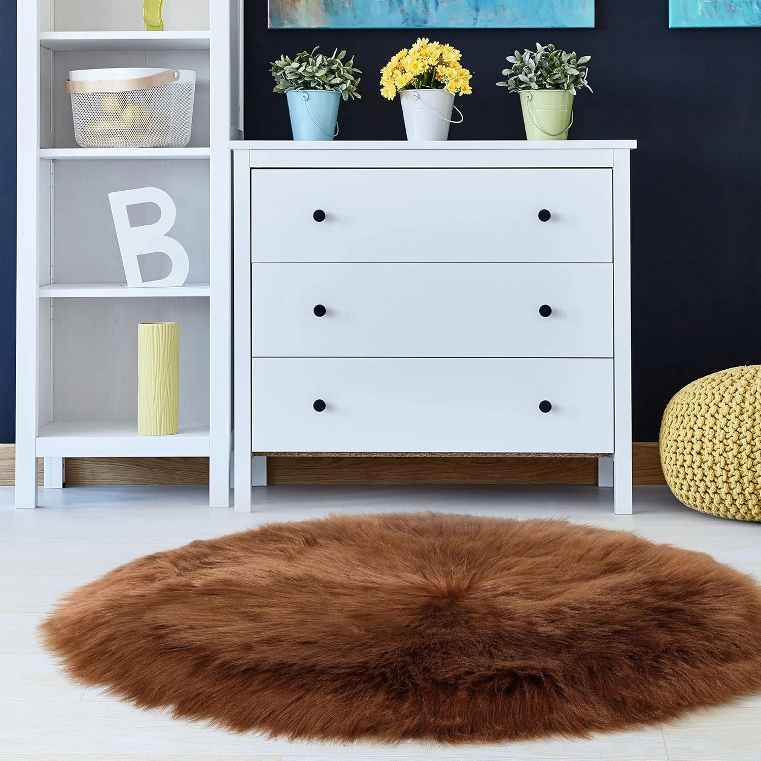 uxcell Faux Fur Round Rug,Fluffy Area Mat,Fluff Rugs for Bedroom Floor Sofa Living Room 3 x 3 Feet Brown