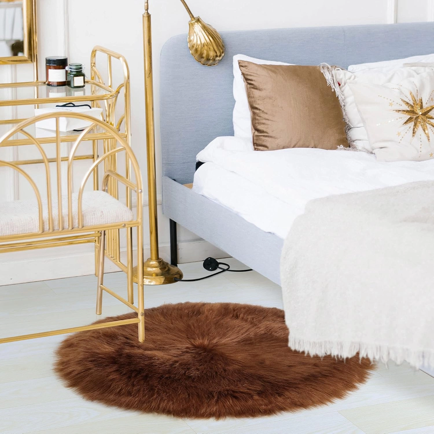 uxcell Faux Fur Round Rug,Fluffy Area Mat,Fluff Rugs for Bedroom Floor Sofa Living Room 3 x 3 Feet Brown