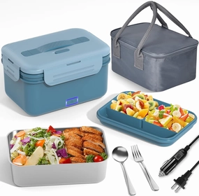 Vabaso Electric Lunch Box Food Heater, 1.8L/61oz Heated for Adults Car/Truck Home/Work, 60/80/100W Warmer Heating with Removable Stainless Steel Container, 12V/24V/110V220V Blue