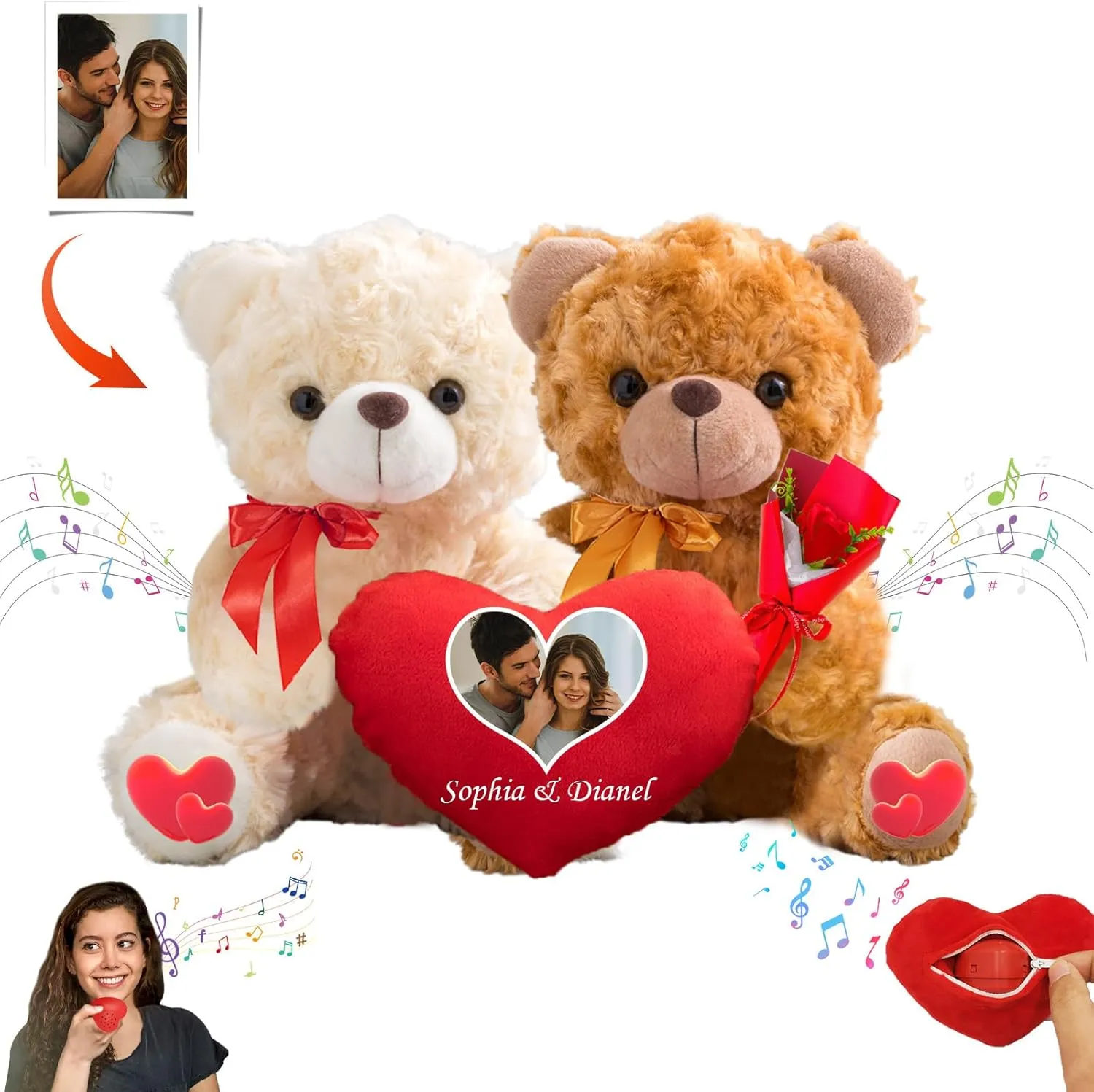 Valentine Gifts 2PCS Personalized Teddy Bear with Heart Hugging Plush as Personalized Couple Gifts for Him and Her, Valentine Bear with Text Photo as Valentine Gift for Him and Her 2PCS (8 inch)