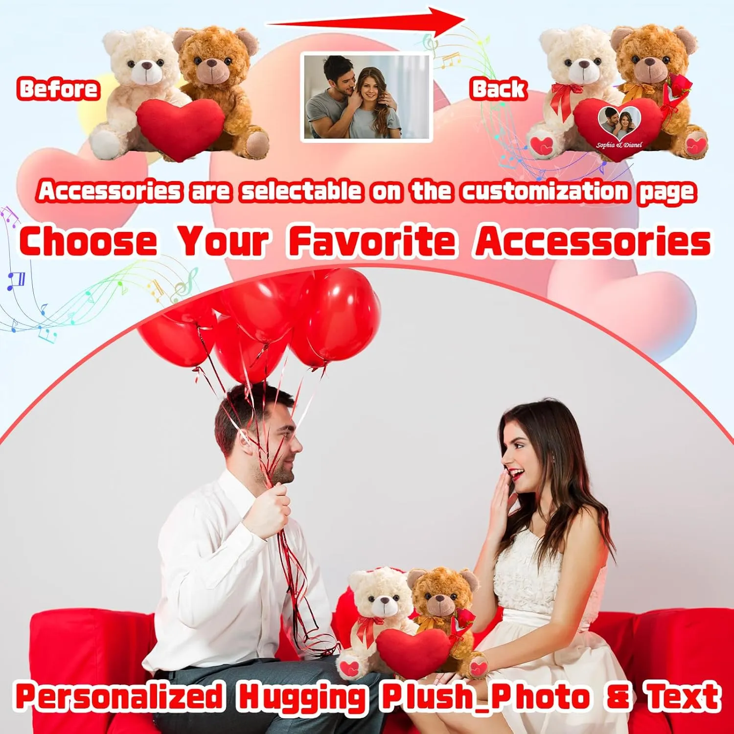 Valentine Gifts 2PCS Personalized Teddy Bear with Heart Hugging Plush as Personalized Couple Gifts for Him and Her, Valentine Bear with Text Photo as Valentine Gift for Him and Her 2PCS (8 inch)