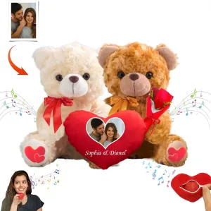 Valentine Gifts 2PCS Personalized Teddy Bear with Heart Hugging Plush as Personalized Couple Gifts for Him and Her, Valentine Bear with Text Photo as Valentine Gift for Him and Her 2PCS (8 inch)
