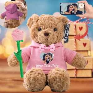 Valentine Gifts for Him/Her Personalized Teddy Bear with Photo  Custom Text, Valentine Plush Teddy Bear with Rose & Bow as Im Sorry Gifts for Her/Him on Valentine/Anniversary (11 in-Hoodie-Pink)