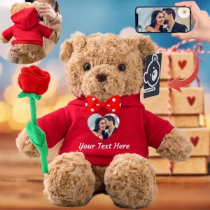 Valentine Gifts for Him/Her Personalized Teddy Bear with Photo  Custom Text, Valentine Plush Teddy Bear with Rose and Bow as Im Sorry Gifts for Her on Valentine/Anniversary (11-in-Hoodie-Red)