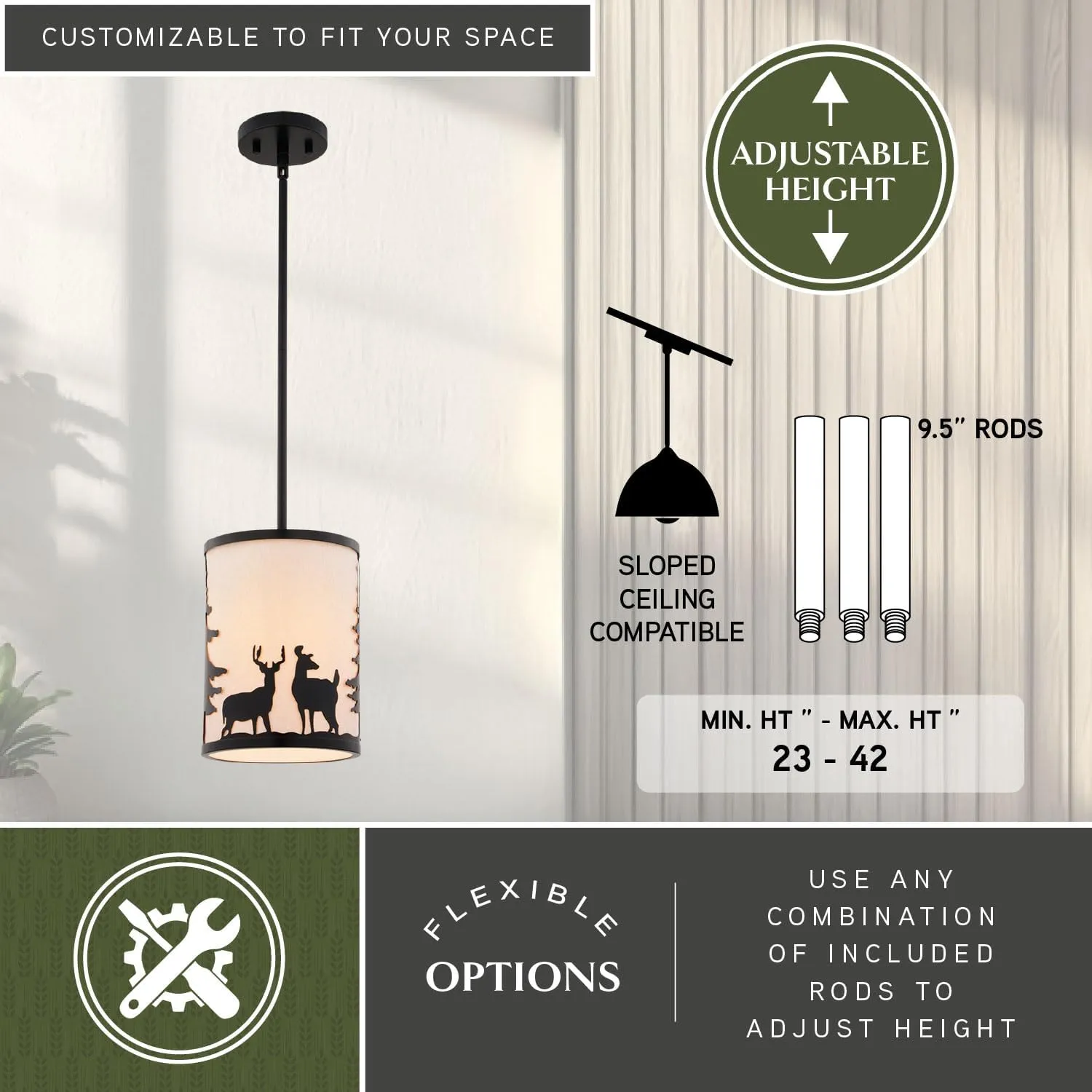VAXCEL Acadia Bronze Rustic Mini Pendant Ceiling Light White Linen Shade Deer and Tree