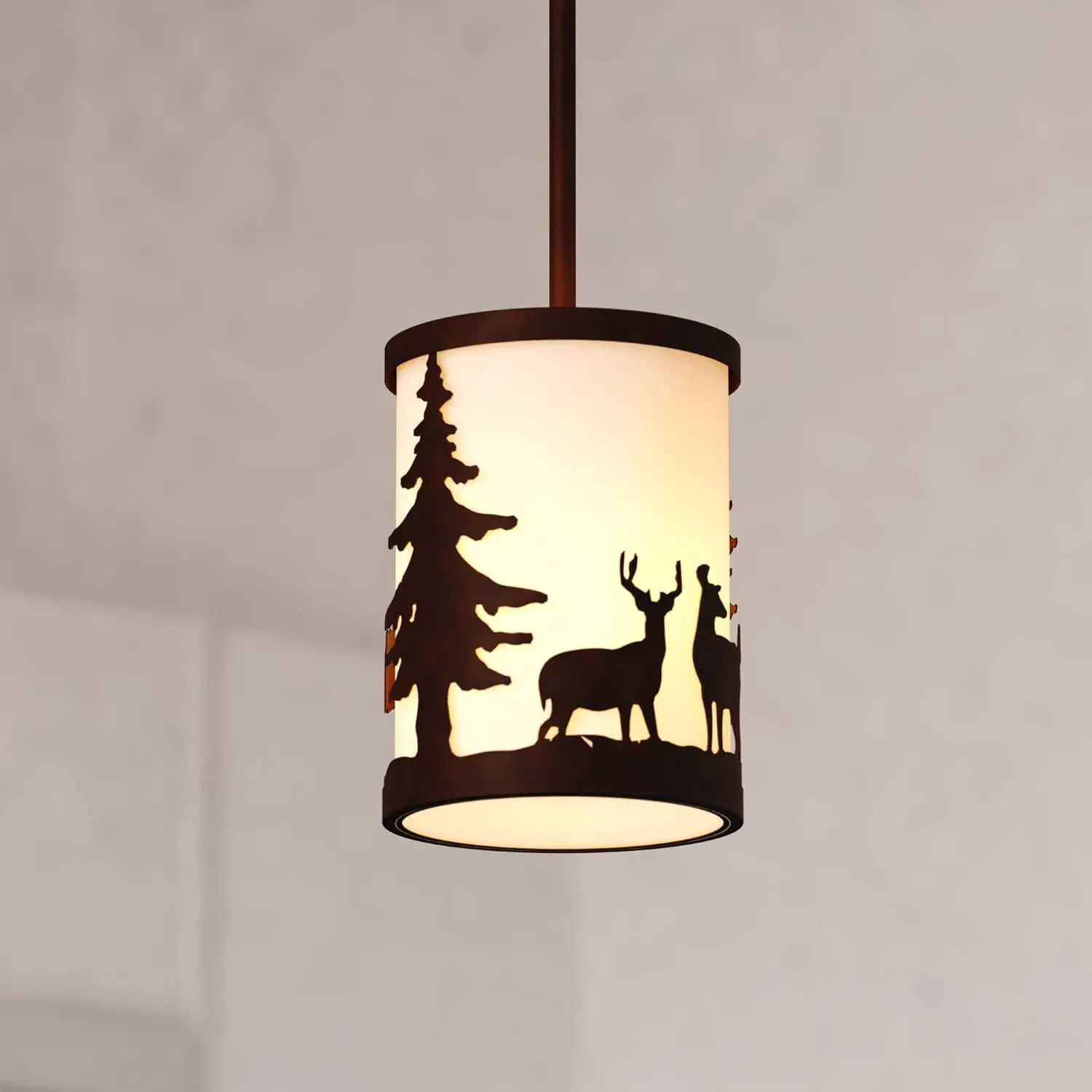 VAXCEL Acadia Bronze Rustic Mini Pendant Ceiling Light White Linen Shade Deer and Tree