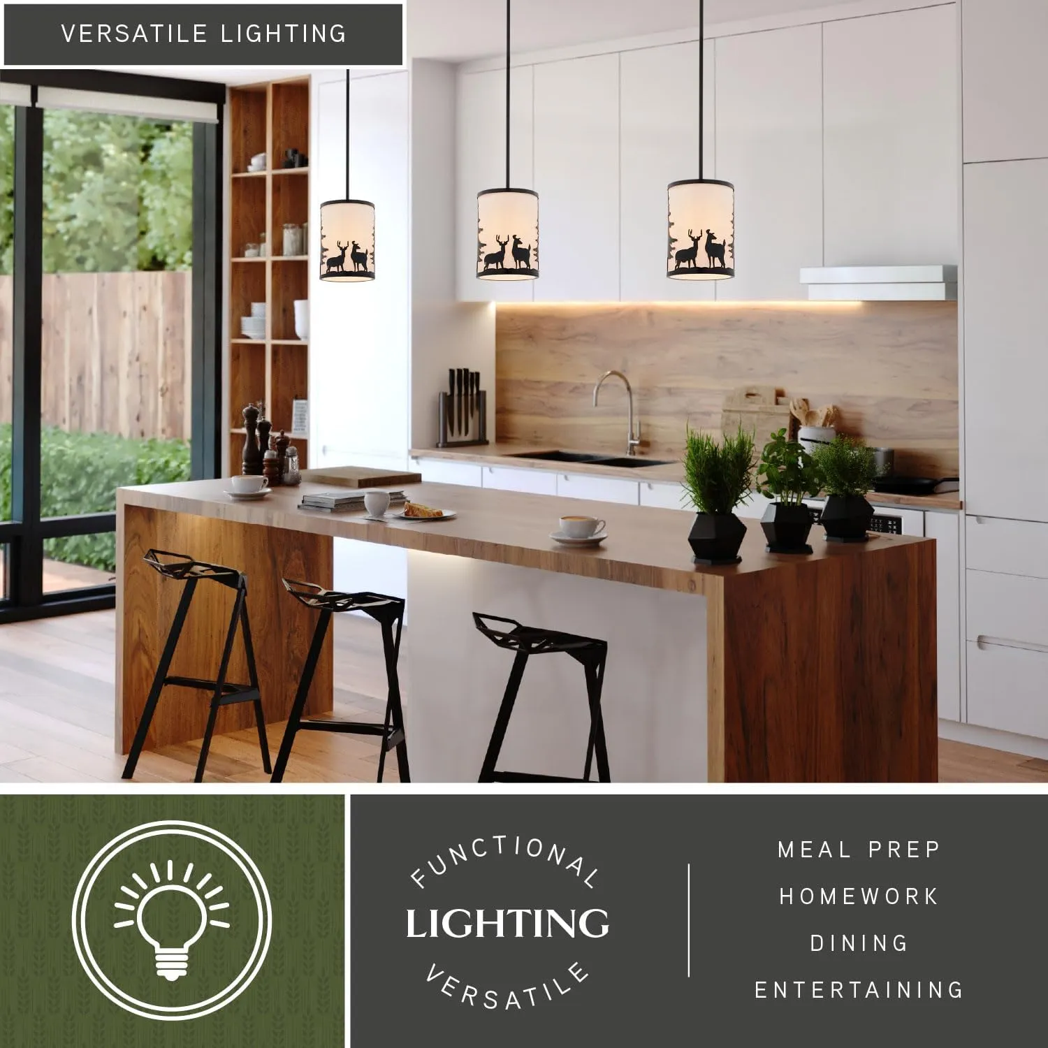 VAXCEL Acadia Bronze Rustic Mini Pendant Ceiling Light White Linen Shade Deer and Tree