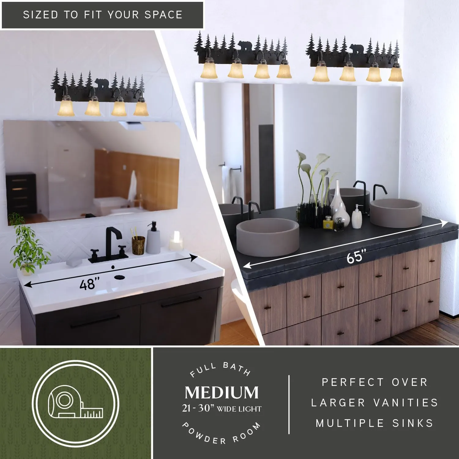 VAXCEL Bozeman 4-Light 33 inch Rustic Bear Bathroom Vanity Fixture, Burnished Bronze, Amber Flake Glass, E26 Bulb Compatible, Dimmable, Damp Rated