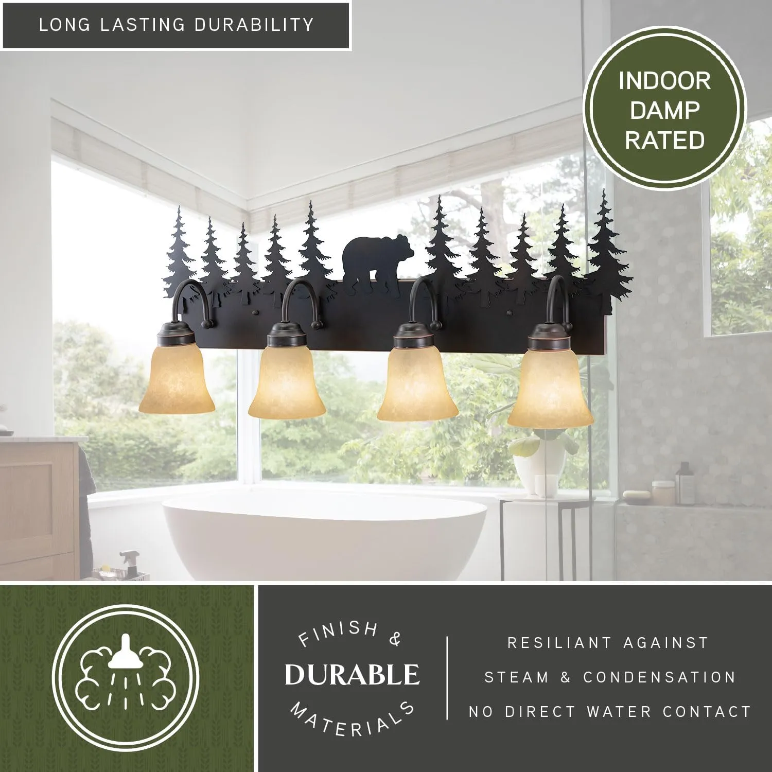 VAXCEL Bozeman 4-Light 33 inch Rustic Bear Bathroom Vanity Fixture, Burnished Bronze, Amber Flake Glass, E26 Bulb Compatible, Dimmable, Damp Rated