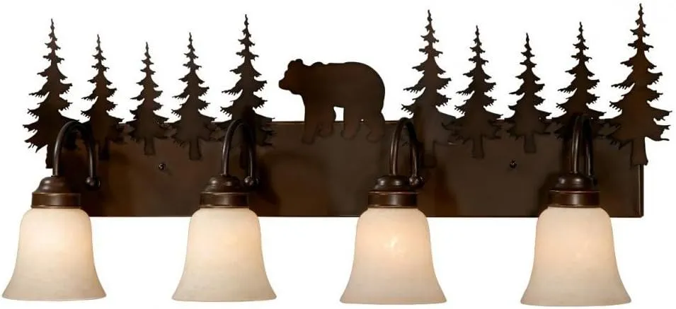 VAXCEL Bozeman 4-Light 33 inch Rustic Bear Bathroom Vanity Fixture, Burnished Bronze, Amber Flake Glass, E26 Bulb Compatible, Dimmable, Damp Rated