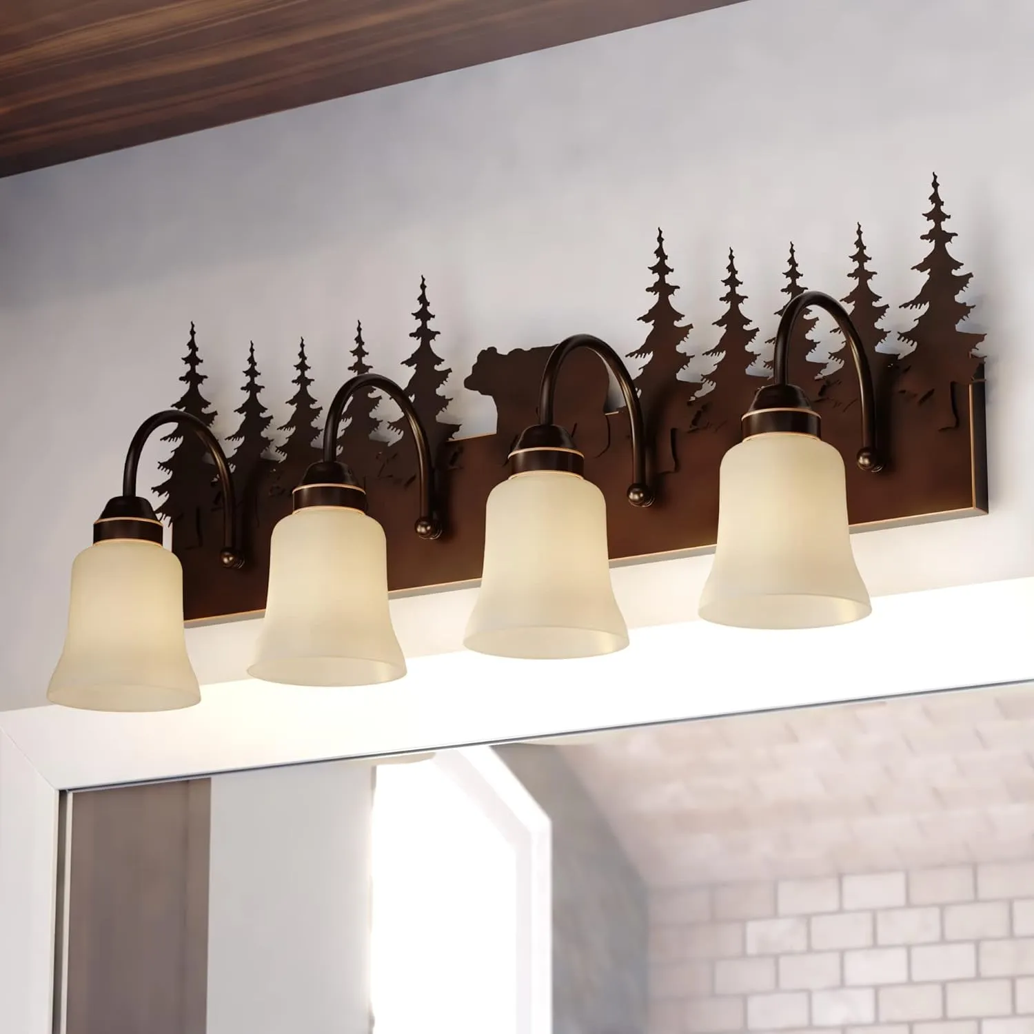 VAXCEL Bozeman 4-Light 33 inch Rustic Bear Bathroom Vanity Fixture, Burnished Bronze, Amber Flake Glass, E26 Bulb Compatible, Dimmable, Damp Rated