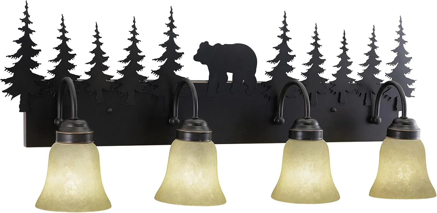 VAXCEL Bozeman 4-Light 33 inch Rustic Bear Bathroom Vanity Fixture, Burnished Bronze, Amber Flake Glass, E26 Bulb Compatible, Dimmable, Damp Rated