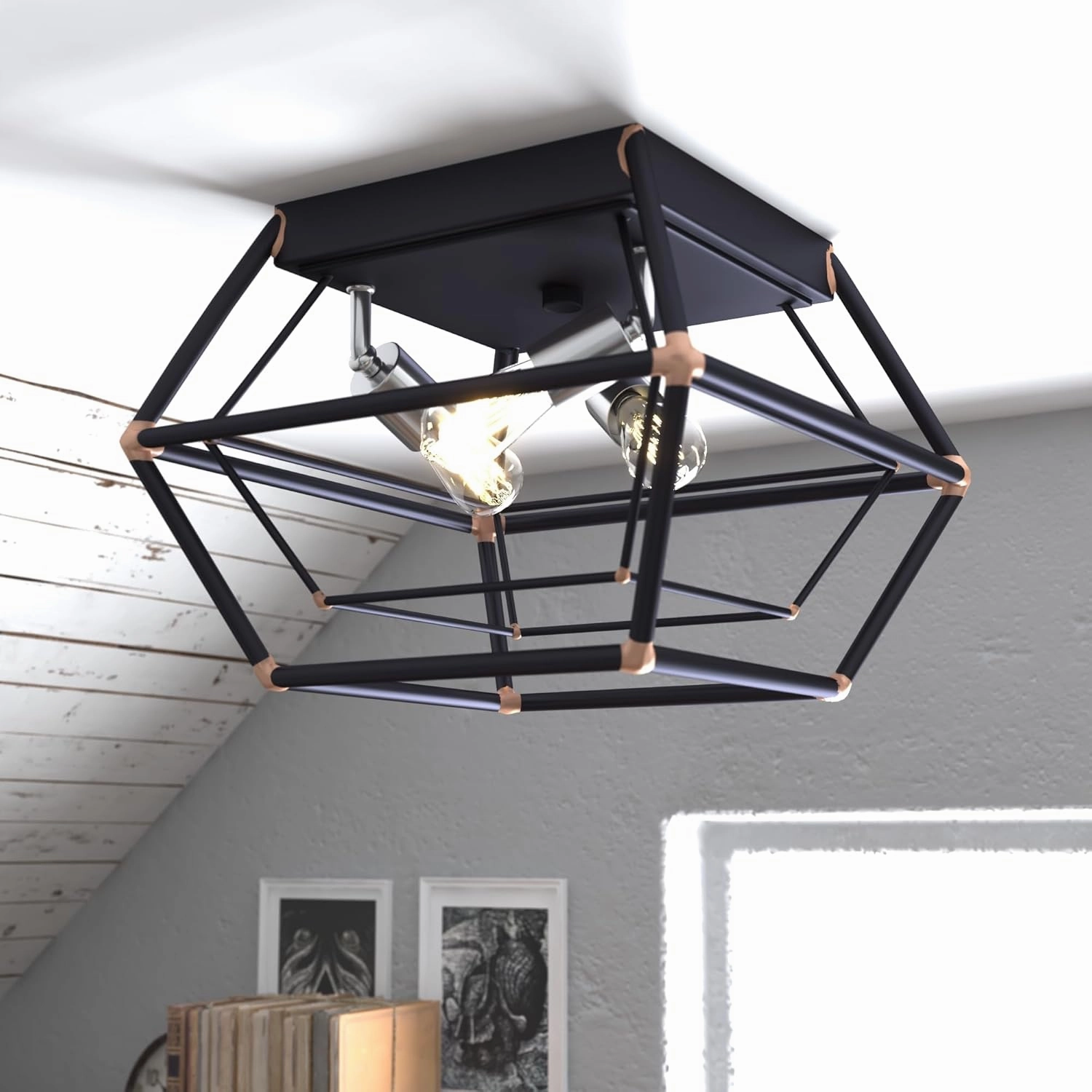 VAXCEL Bartlett 8-in W Bronze Industrial Cage Flush Mount Ceiling Light Fixture