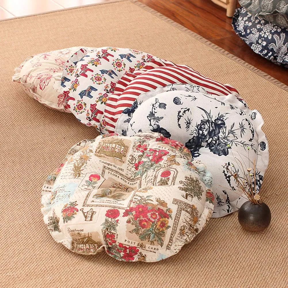 vctops Boho Soft Round Floor Pillow Cushion with Ruffles, Cotton Linen Print Chair Pad Tatami for Meditation, Yoga, Living Room, Balcony (Coffee,18"x18"x5")