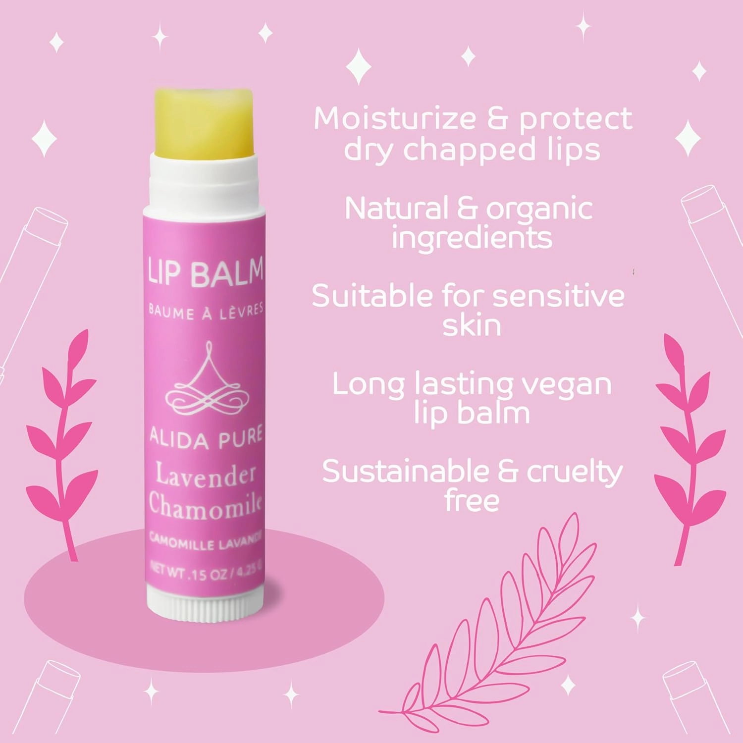 Vegan Lip Balm by PURE   SIMPLE Lavender Chamomile Lip Balm Collection, Cruelty Free Chapstick, Moisturize Dry, ed, or Chapped, Lips, 5 Tube Set.