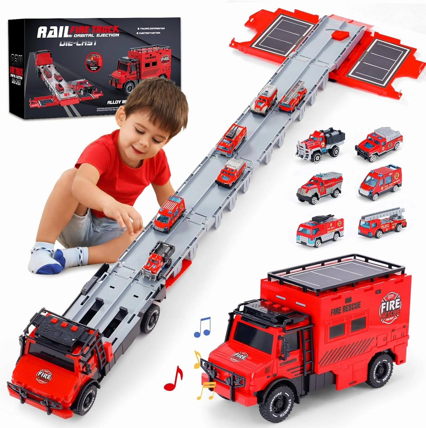 Versatile Transforming Truck with Race Tracks for Kids Ages 3-7 - Foldable Car Toy with Dual Launchers, 6 Cars, and Sounds, Ideal Gift for Boys and Girls Red