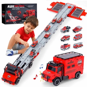 Versatile Transforming Truck with Race Tracks for Kids Ages 3-7 - Foldable Car Toy with Dual Launchers, 6 Cars, and Sounds, Ideal Gift for Boys and Girls Red