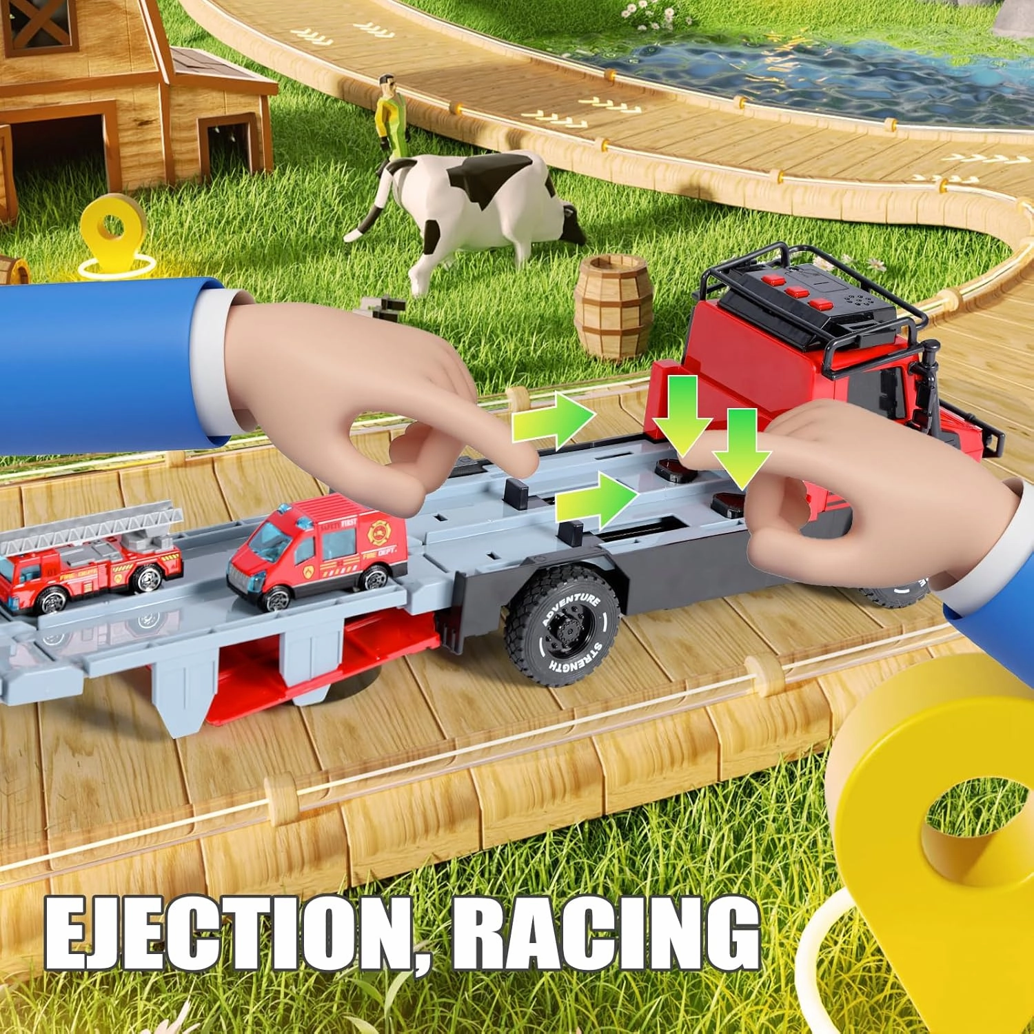 Versatile Transforming Truck with Race Tracks for Kids Ages 3-7 - Foldable Car Toy with Dual Launchers, 6 Cars, and Sounds, Ideal Gift for Boys and Girls Red