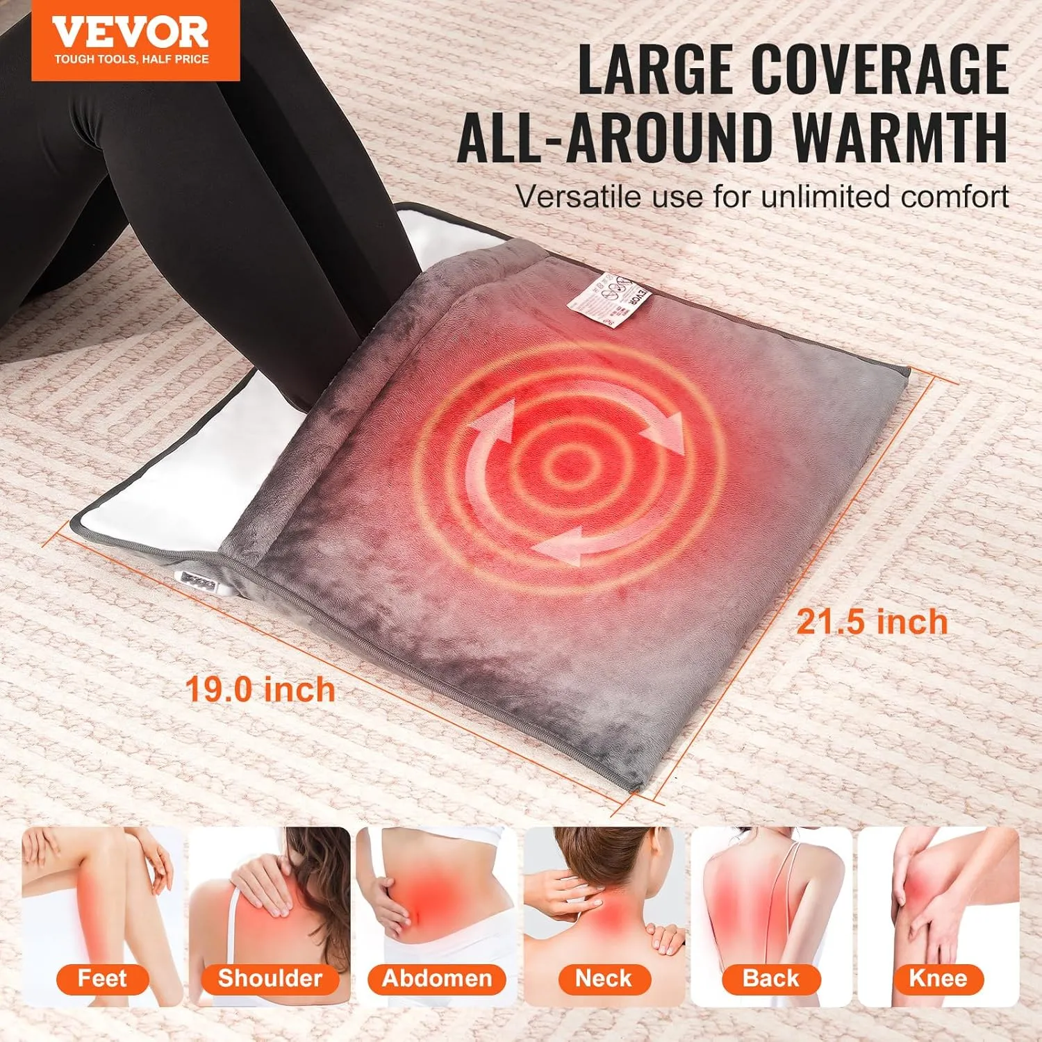VEVOR Electric Heated Foot Warmer, King Size Ultra-Soft Flannel Heating Pad for Feet with Timer and 6 Heat Level for Bed Office Under Desk, 21.5" x 19.0" Feet Warmers Washable for Back, Waist, Abdomen