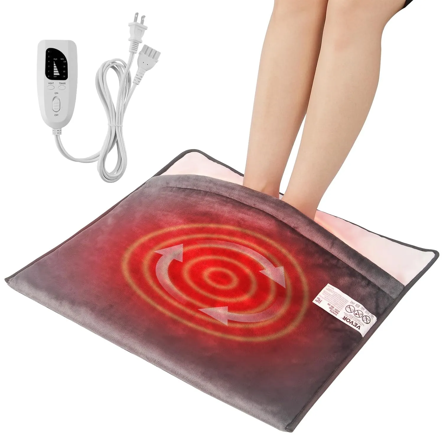 VEVOR Electric Heated Foot Warmer, King Size Ultra-Soft Flannel Heating Pad for Feet with Timer and 6 Heat Level for Bed Office Under Desk, 21.5" x 19.0" Feet Warmers Washable for Back, Waist, Abdomen